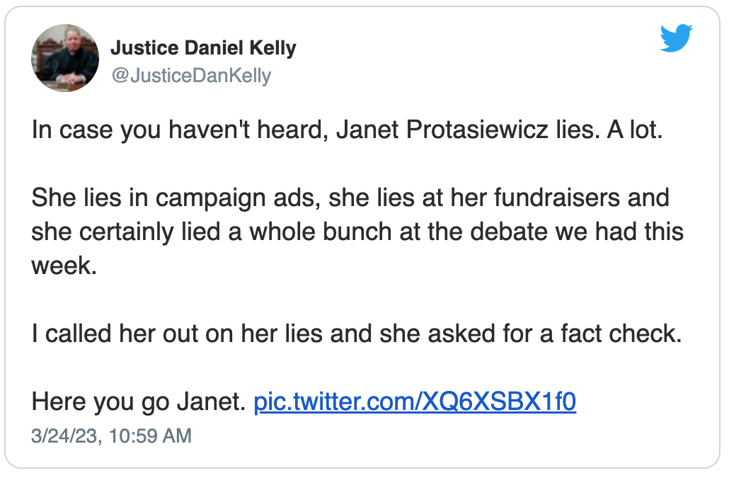 Debate fact check ad Tweet by Justice Daniel Kelly on Twitter